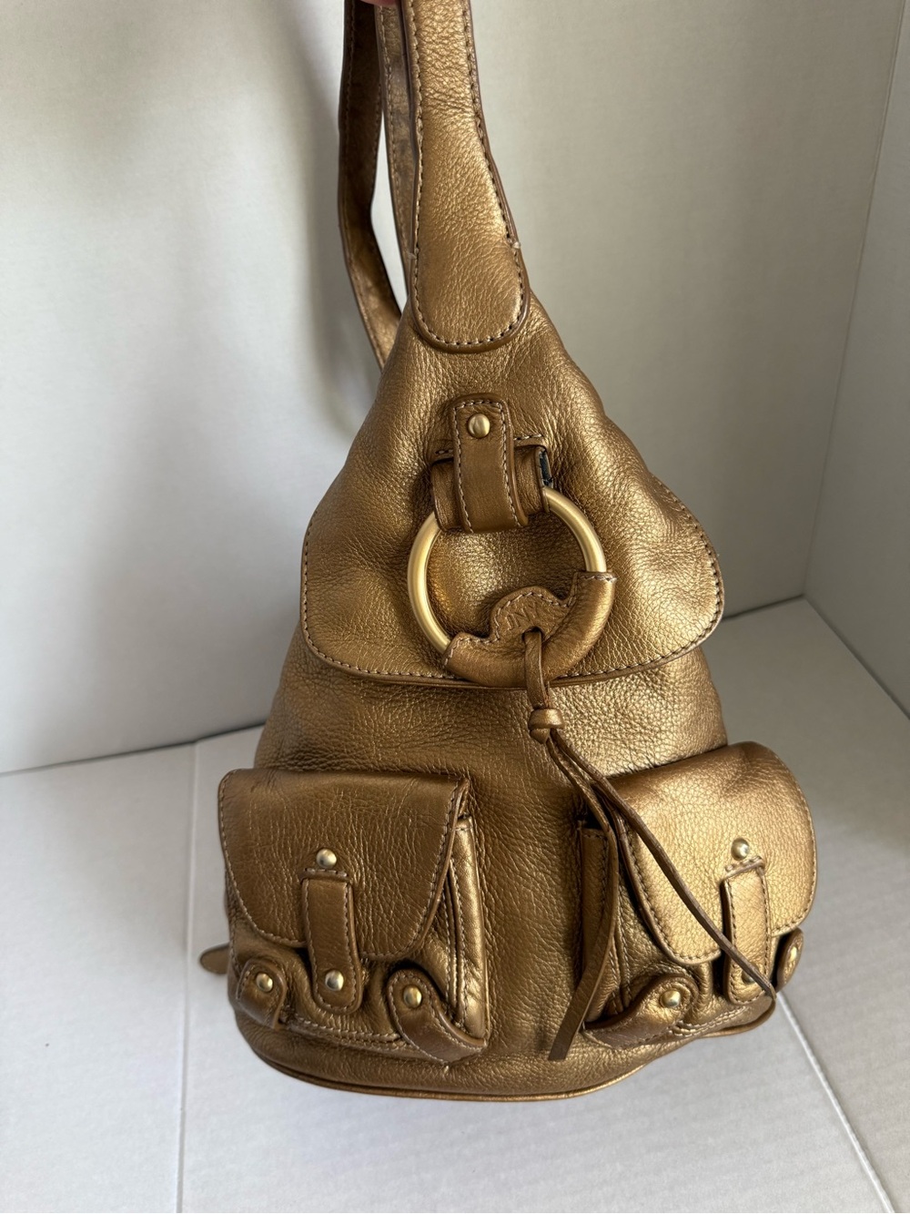 Gold Thick Leather Jones New York Backpack Ring-Accent Women’s Shoulder Purse